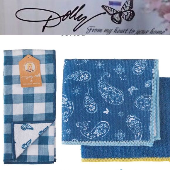 Dolly Parton Paisley and Checkered Kitchen Towel & Dish Cloth Set- Blue - Picture 1 of 10